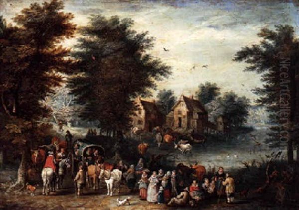 A Wooded Landscape With Villagers And Travellers by Jan Brueghel the Elder