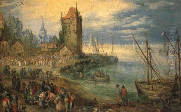 A View Of A Town By A River With Moored Sailing Vessels By A Quay by Jan Brueghel the Elder