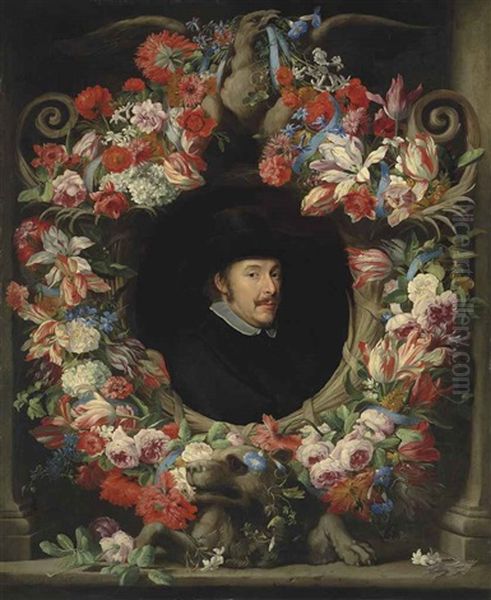 A Sculpted Cartouche With A Garland Of Parrot Tulips, Snowballs, Roses, Morning Glory, Carnations And Other Flowers, Surrounding A Portrait by Abraham Brueghel