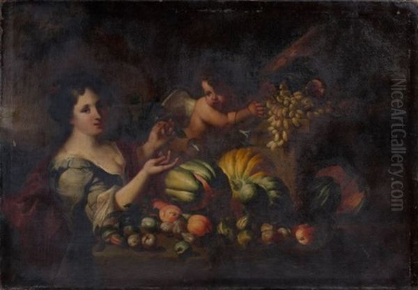 Composition De Fruits, Figure Feminine Et Putto by Abraham Brueghel