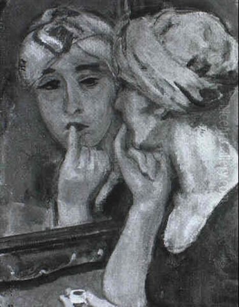 Brustbild Einer Sich Im Spiegel Die Lippen Schminckenden    Jungen Frau Mit Turban by Heinrich Brune