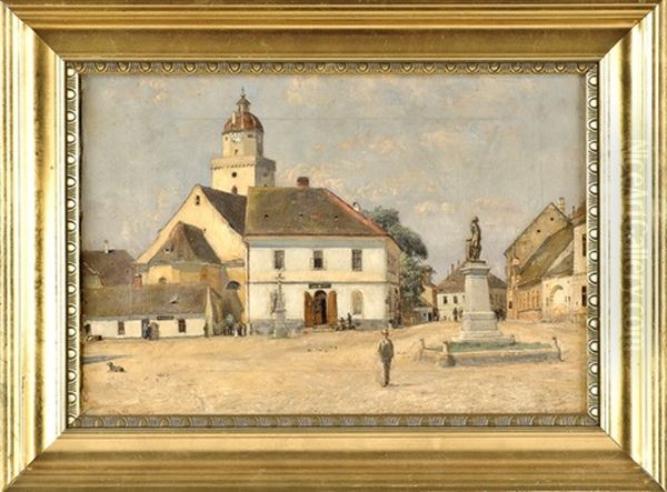 Dorfplatz Mit Figurl. Standbild, U. Reicher Figurenstaffage Vor Kirchturm Im Hintergrund by Samuel Brunner