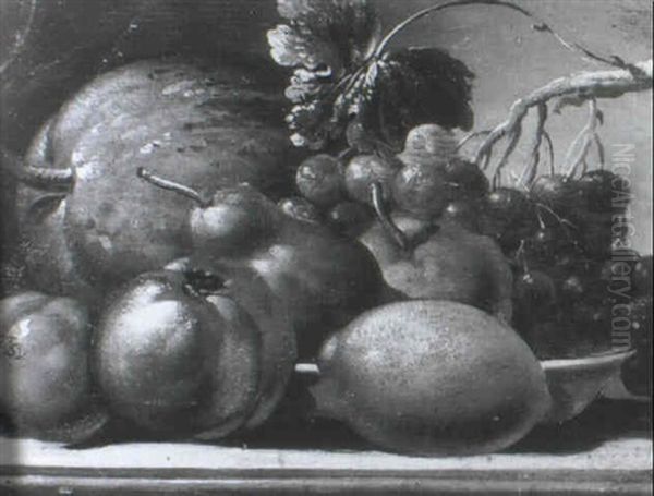 A Melon, Apples, A Pear And A Dish With Cherries On A Ledge by Johannes Cornelis de Bruyn