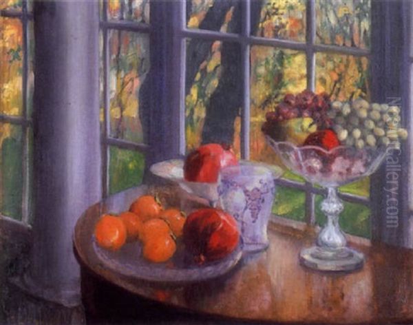 Still Life On A Demi Lune Table By A Garden Window by Everett Lloyd Bryant