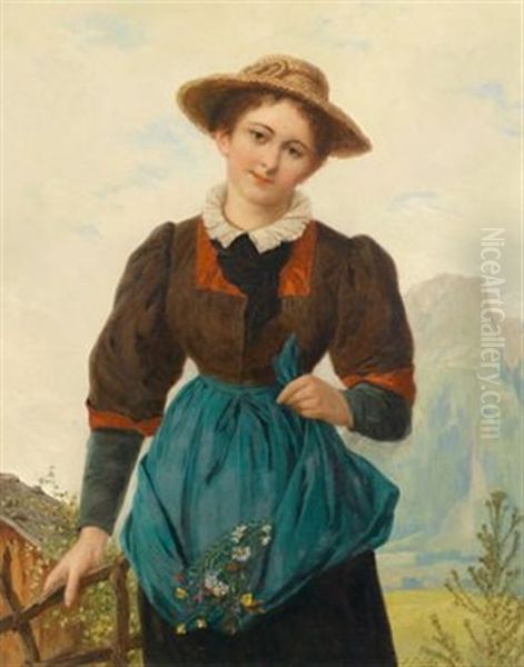 Junge Frau Mit Blumen Vor Gebirgshintergrund by Josef Bueche