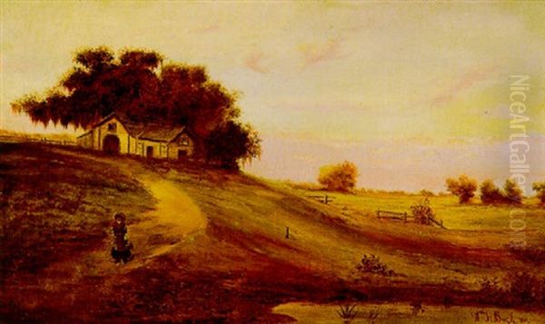 Louisiana Landscape With Figure On Path And Barn Beyond by William Henry Buck