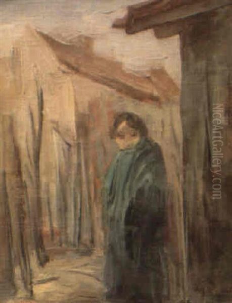 Woman With A Green Shawl By The Village Huts by Josef Budko