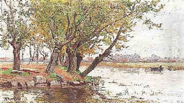 Herbstmorgen. Blick Auf Ein Seeufer Mit Fischerboot by Franz Bunke