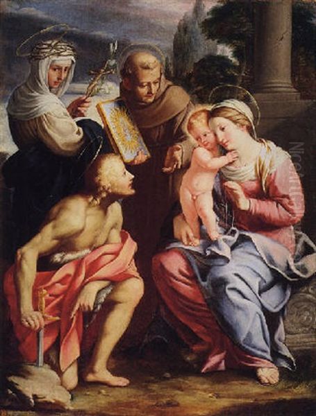 The Madonna And Child With Saints Catherine And Bernardino Of Siena, Together With Saint Galgano by Deifebo Burbarni