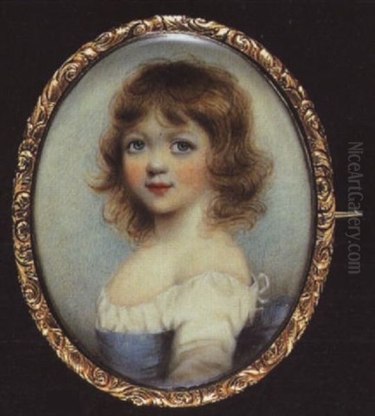 A Young Child With Blue Eyes And Wavy Hair, Wearing Low-cut White Dress With Blue Ribbon Waistband Tied At The Back With A Bow Oil Painting - Edward Burch