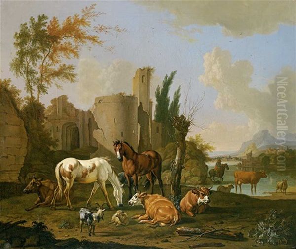 Prachtvolle Ruinenlandschaft Mit Pferden, Kuhen, Schafen Und Ziegen. Uber Eine Furt Blick Auf Mittelalterliche Italienische Stadt by Dirk van der Burg