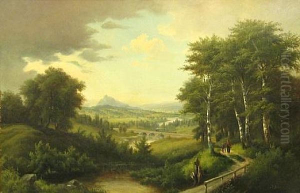 An Extensive Landscape With A Train Crossing A Bridge In The Distance by Josef Burgaritzky