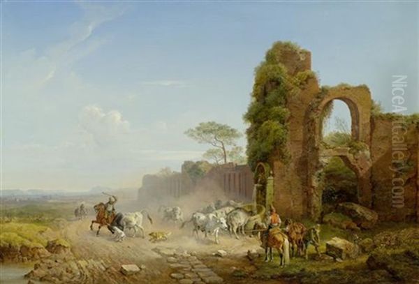 Mediterrane Landschaft Mit Hirten Und Viehherde by Heinrich Buerkel