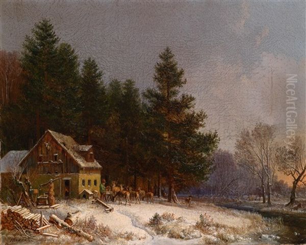 Wildfutterung In Einer Romanischen Winterlandschaft by Heinrich Buerkel