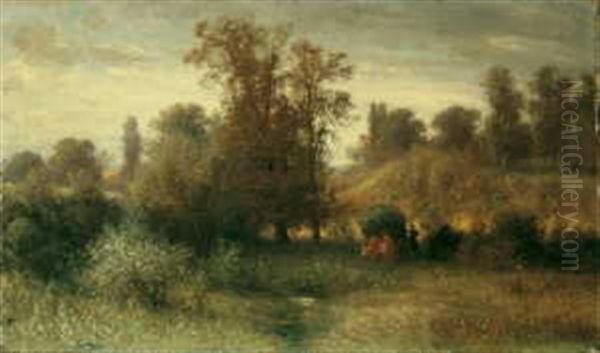 Baumbestandene Landschaft Mit Heuwagen In Der Umgebung Von Frankfurt/main by Karl Peter Burnitz