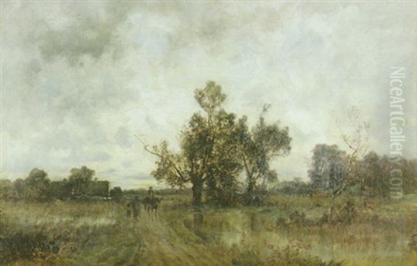 Zwei Fussganger Sowie Ein Reiter Auf Dem Pferd Im Gesprach Auf Einem Kleinen Damm by Karl Peter Burnitz