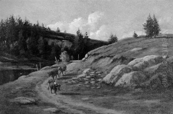 Landscape With Cows Wandering Down A Country Lane by Edward Burrill