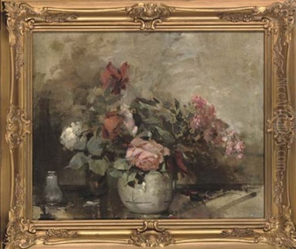 Red, White And Pink Roses In A Vase, On A Stone Ledge by Alice Mary Burton