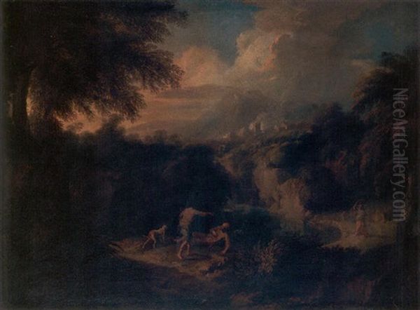 A Wooded Italianate Landscape With Two Figures And A Dog In The Foreground, A Lake, A Hill Town And Mountains Beyond by Giovanni Battista Busiri