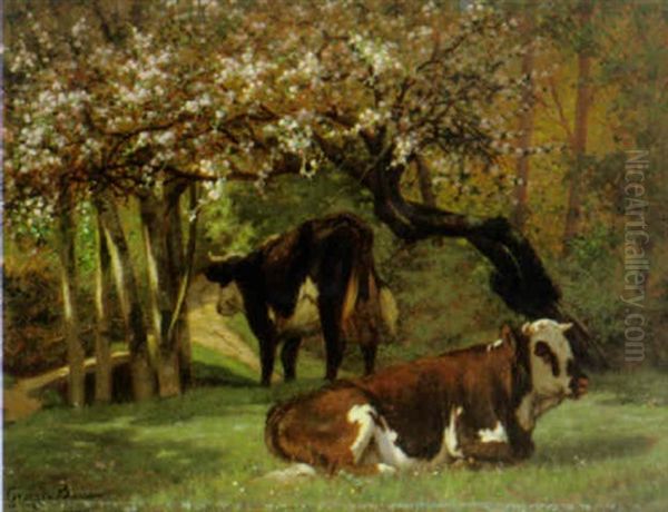 Zwei Gescheckte Kuhe Unter Bluhendem Obstbaum by Georges Louis Charles Busson