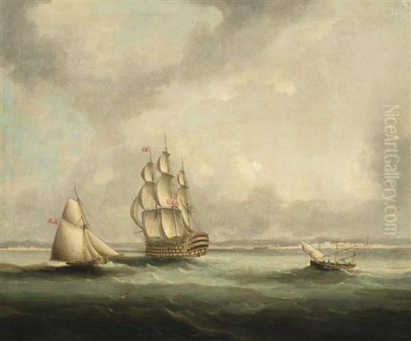 A Ship-of-the-line Off Cadiz, Probably The Flagship Of The Blockading Fleet, With An Armed Cutter Off Her Port Beam by Thomas Buttersworth Jr.