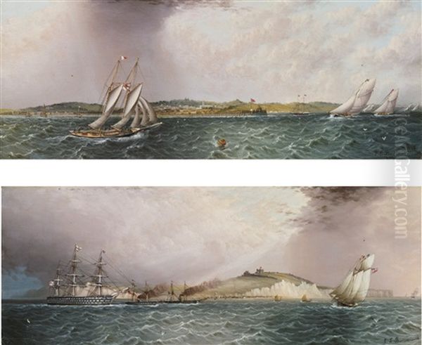 View Of Ryde And Pier, Isle Of Wight Opposite Portsmouth And A Three Decker Off Dover Castle With Shakespeare Cliff In The Distance (2 Works) by James Edward Buttersworth