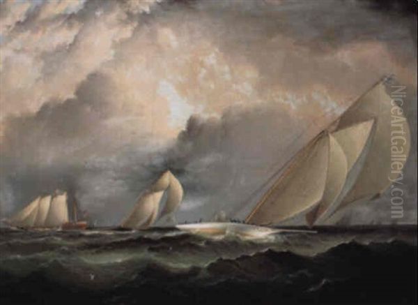 'gracie', 'vision', And 'cornelia' Rounding Sandy Hook In Ny Yacht Club Regatta by James Edward Buttersworth