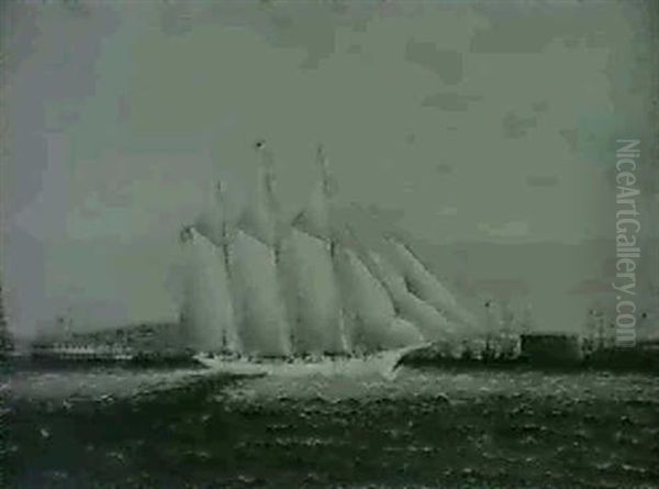 An American Schooner Off The Battery, New York Harbour by James Edward Buttersworth