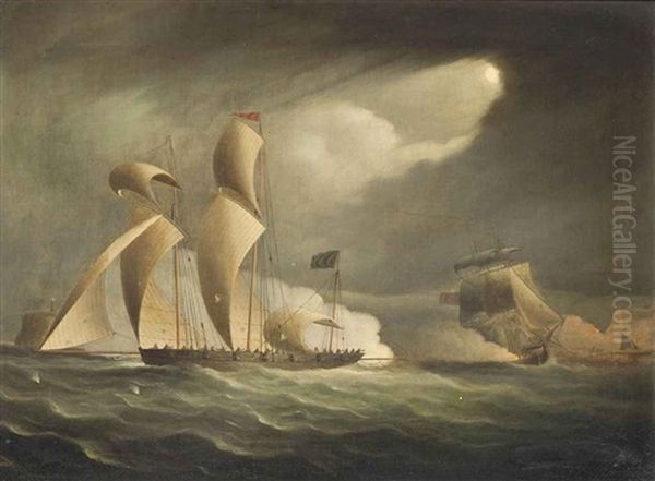 A Royal Navy Frigate Engaging And Chasing A Pirate Lugger Under The Cover Of Darkness by Thomas Buttersworth