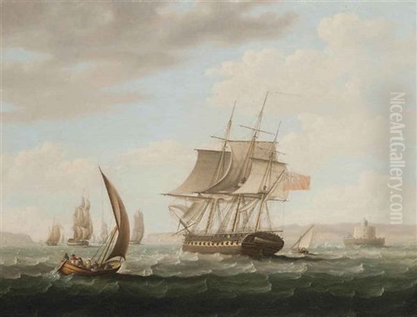 An English Frigate Off The Belem Tower In The Tagus, Lisbon, Clawing Her Way To Windward In The Prevailing Winds by Thomas Buttersworth