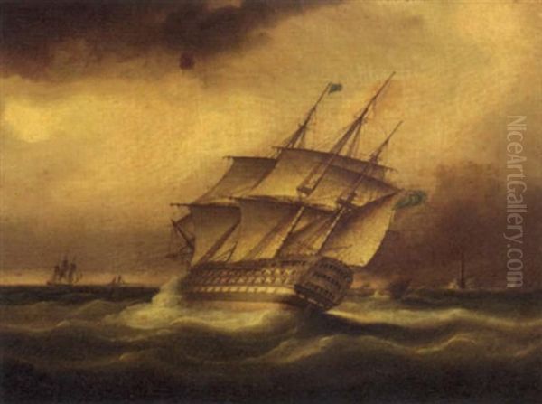 A Royal Naval First Rate Heeling In The Wind Off The Eddystone Lighthouse by Thomas Buttersworth