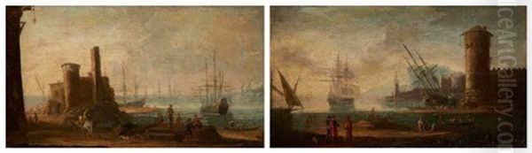 Cardage De Bateaux Dans Un Port Mediterraneen (pair) by Adriaen Van Der Cabel