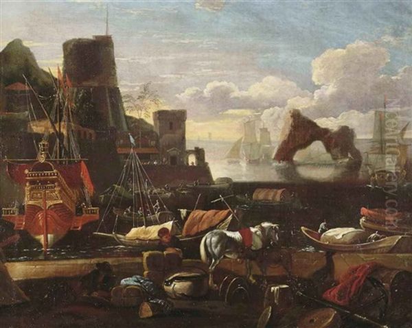 An Italian Harbor Scene With Figures And Goods On A Quay In The Foreground by Adriaen Van Der Cabel