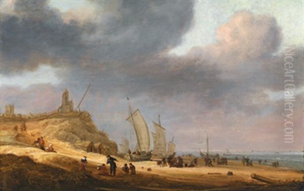 Eine Kustenlandschaft Mit Heimkehrenden Fischern Oil Painting - Adriaen Van Der Cabel