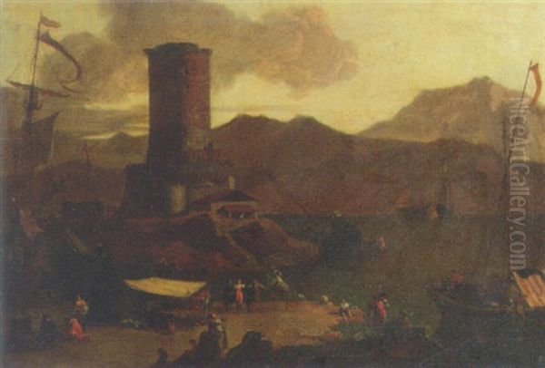 A Mediterranean Coastal Landscape With Fishermen And Merchants On A Quay By A Ruined Tower, At Sunset by Adriaen Van Der Cabel