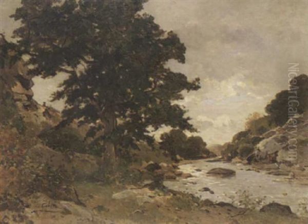 A River Landscape With Rocky Banks by Louis Alexandre Cabie