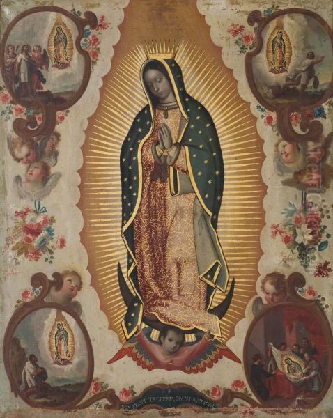 Virgen De Guadalupe Con Cartelas De Las Cuatro Apariciones, Flores Y Angeles by Miguel Cabrera