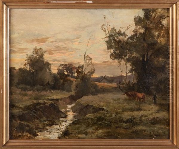 Berger Et Vaches En Bord De Riviere by Francois Charles Cachoud