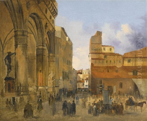 Florence, A Vview Of The Piazza Della Signoria With The Loggia Dei Lanzi At Left by Ippolito Caffi