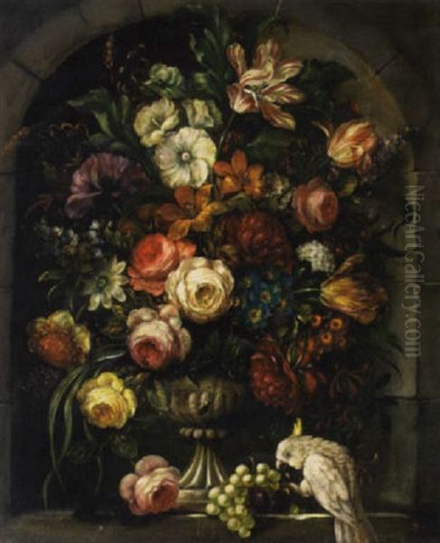 A Still Life With Flowers, Grapes And A Parrot In A Stone Niche by Margherita Caffi