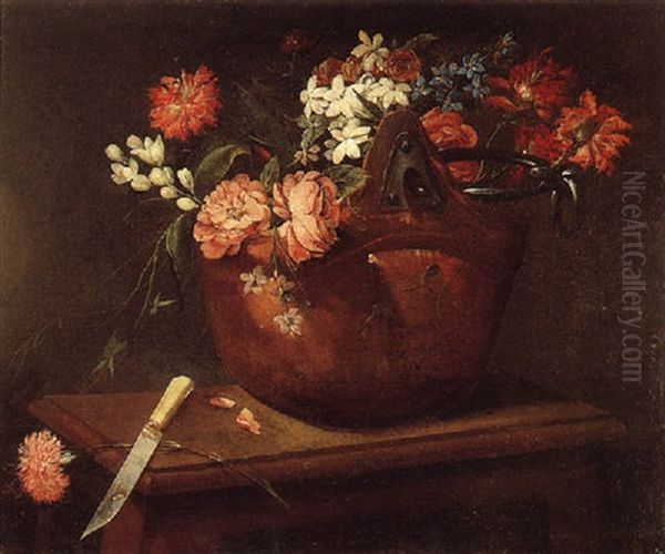 Flores En Un Cuenco Y Cuchillo Sobre Una Mesa by Margherita Caffi