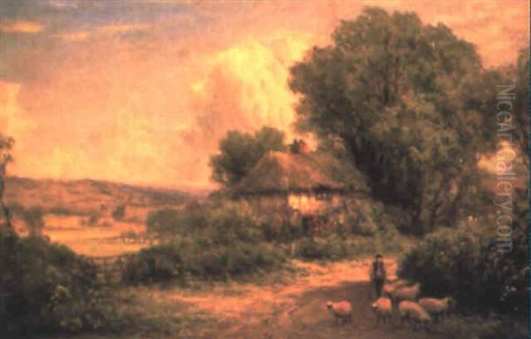 Shepherd And Flock By A Thatched Cottage by Walter Wallor Caffyn