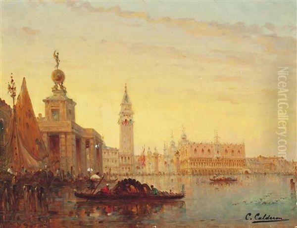 A Busy Day At The Customs House, Venice by Charles Clement Calderon