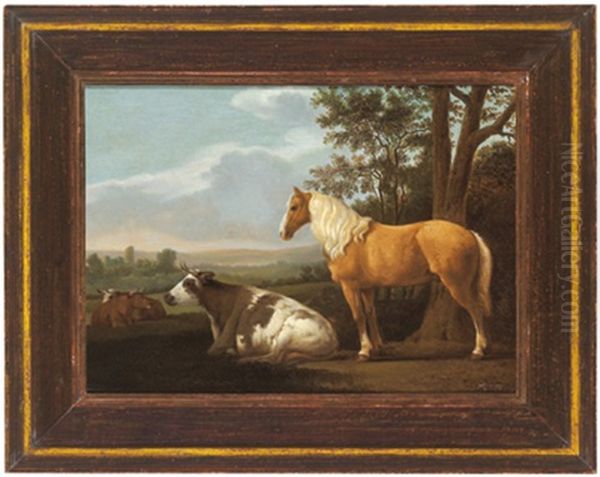 Drei Kuhe Und Ein Pferd In Einer Hollandischen Weidelandschaft by Abraham Van Calraet