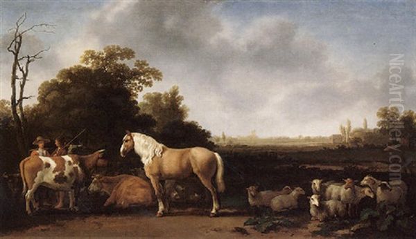 A Pastoral Landscape With A Horse, Cattle And Sheep, A Herdsman And Milkmaid Conversing Nearby by Abraham Van Calraet