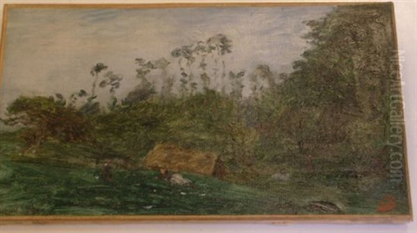 Paysage Avec Une Chaumiere Pres D'une Foret by Adolphe Felix Cals