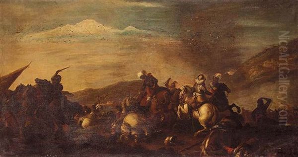 A Battle Scene With Cavalry Skirmishing by Antonio Calza