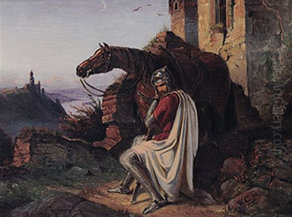 Ein Ritter Rastet Neben Seinem Pferd Auf Erhohter Stelle Am Rhein Neben Ruine by Wilhelm Camphausen