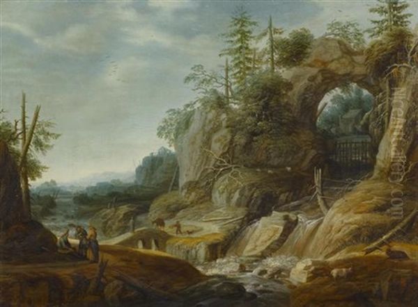 Weite Felsenlandschaft Mit Einer Brucke by Joachim Govertsz Camphuysen