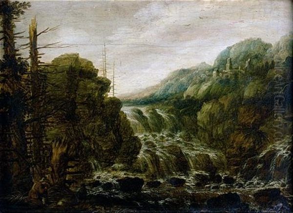 A Mountainous Wooded Landscape With A Man Resting Beside A Cascade, A Hill Top Town In The Distance by Joachim Govertsz Camphuysen